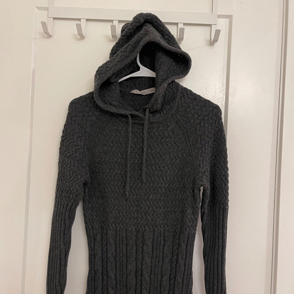 Athleta Merino Wool Womens Sweater Dress Knit Gray Hooded Fall Cozy Luxury